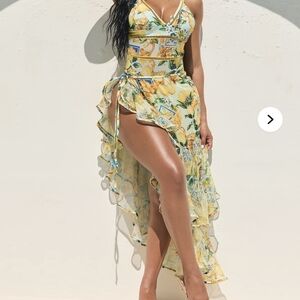 Fashion Nova Yellow Floral High Low Cover And Swimsuit